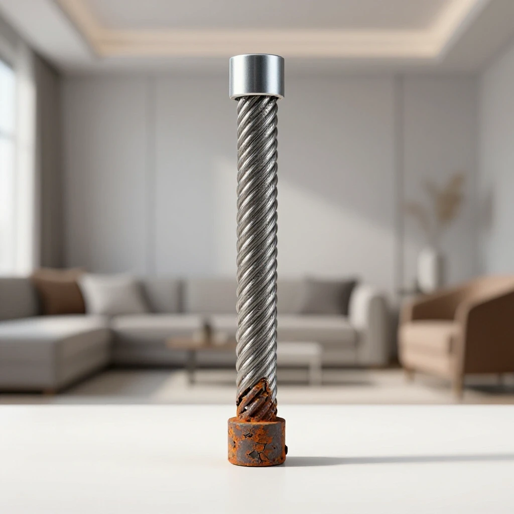 Close-up of a tension rod with one end pristine and the other end rusted, set against a blurred stylish room background.