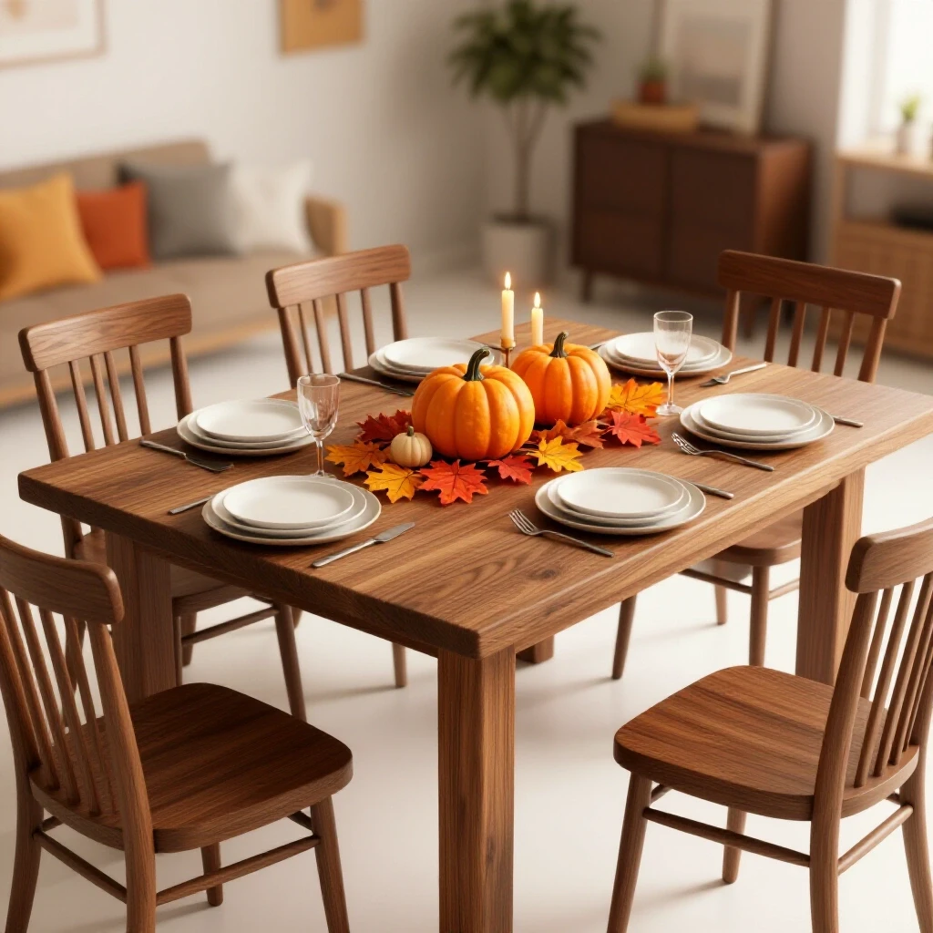 A warm Thanksgiving dining table setting with rustic decor, autumn leaves, pumpkins, and candles in inviting surroundings.