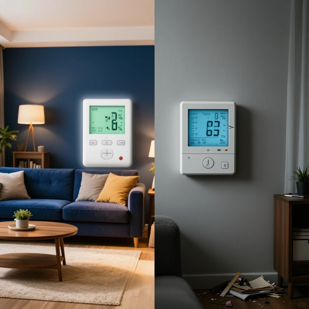 A split scene showing a cozy living room with a functioning thermostat and a cluttered room with a broken thermostat, symbolizing comfort versus dysfunction.