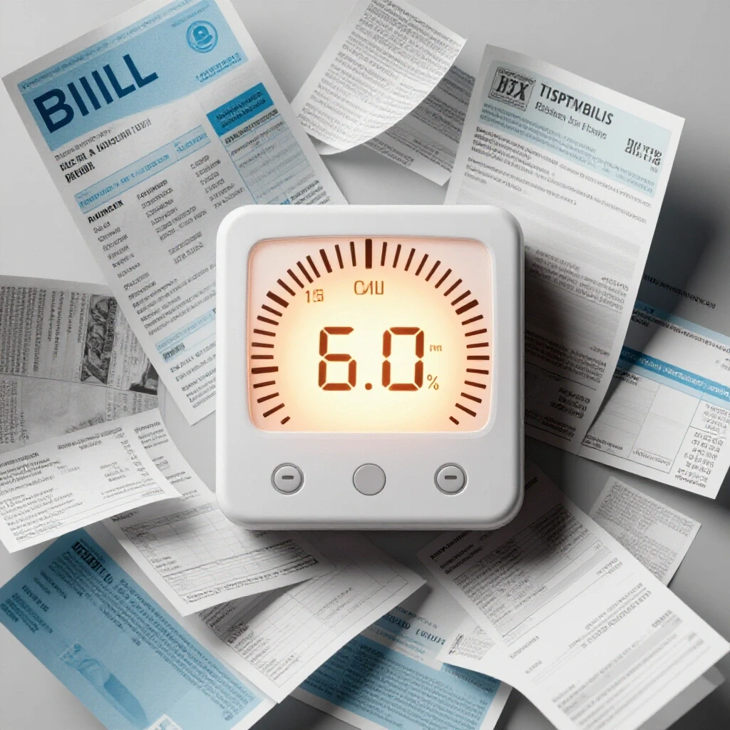 A modern thermostat glowing softly, surrounded by contrasting utility bills, illustrating savings versus expenses.