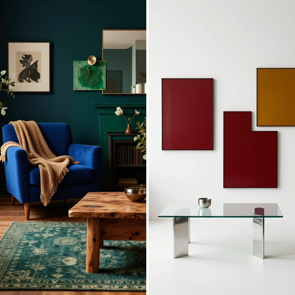A split-image showcasing thrifted decor with warm textures on one side and sleek modern furnishings on the other, emphasizing style contrasts.