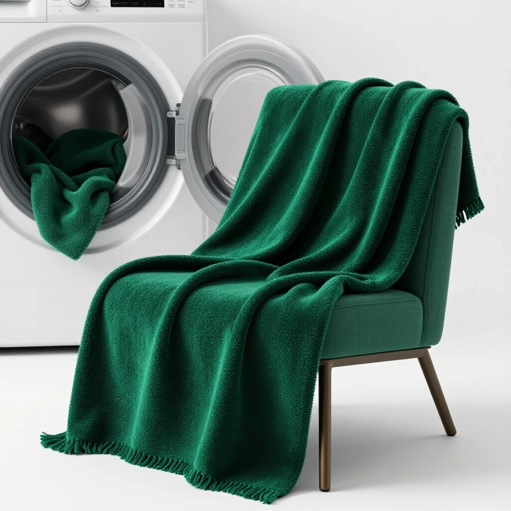 A cozy living room scene featuring a vibrant emerald green throw blanket on a stylish chair, with a washing machine in the background.