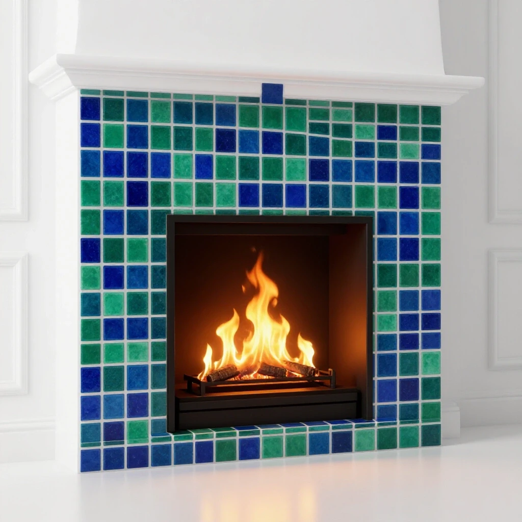 Stylish fireplace with vibrant tile surround against a warm flame backdrop, showcasing heat-resistant materials.