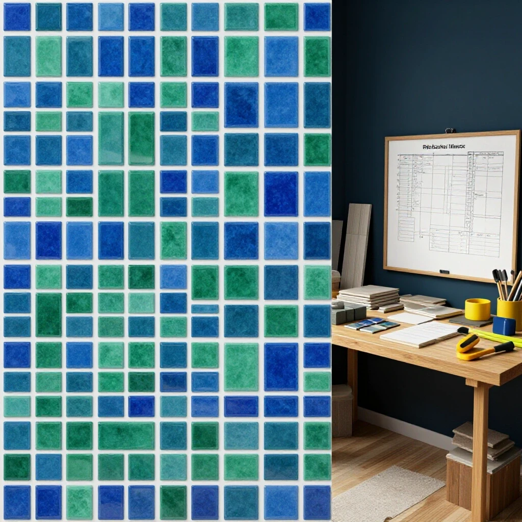 A split-screen image showing a glamorous tiled space contrasted with a cluttered workspace of budget tile materials.