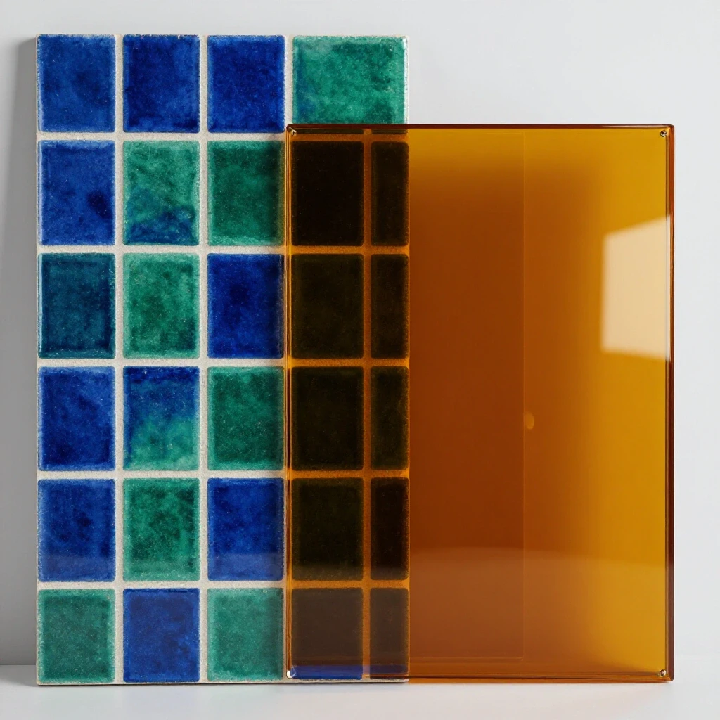 A split-image showcasing vibrant textured tiles in deep colors on one side and sleek waterproof panels on the other, highlighting material durability.