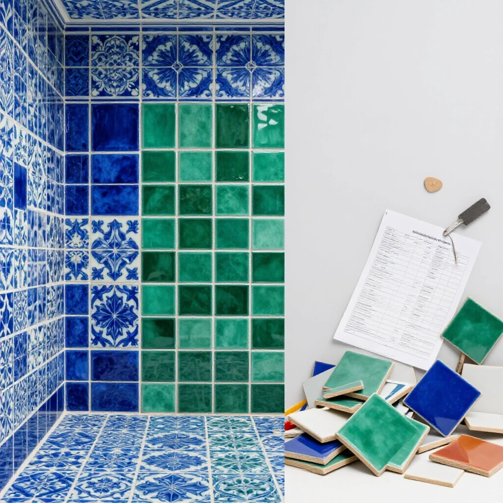 A split image showing a vibrant tiled room on one side and scattered tiles and tools on the other, illustrating renovation costs.
