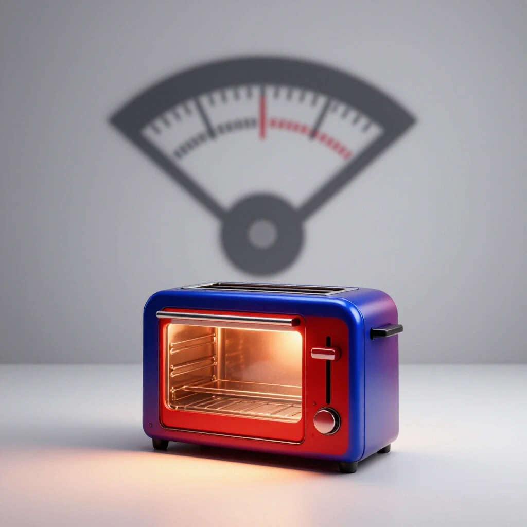 A glowing toaster oven contrasted with a shadowy energy meter in a bright studio setting, highlighting energy consumption.