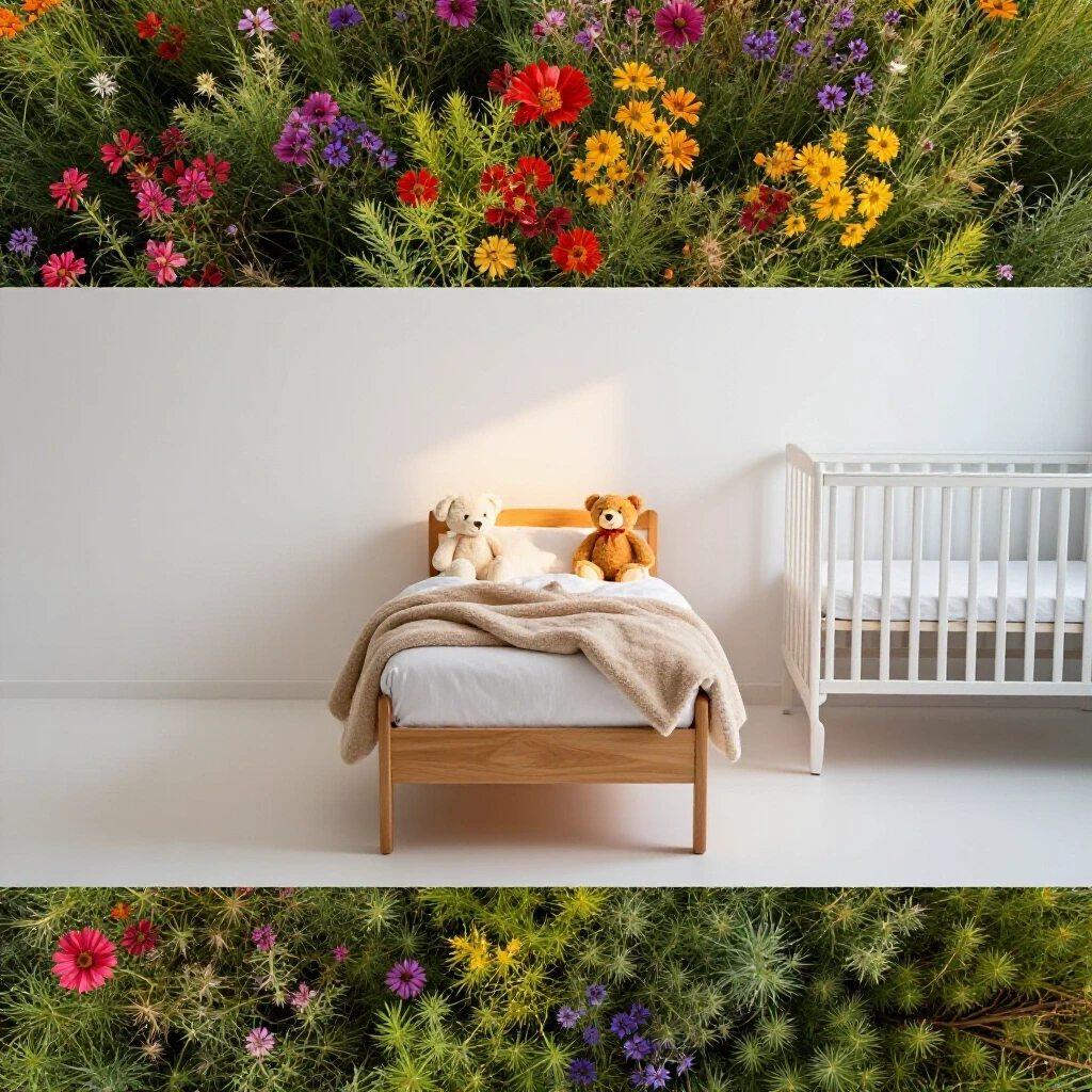 A cozy toddler bed with plush toys contrasted against a minimalistic crib, showcasing the transition for young children.