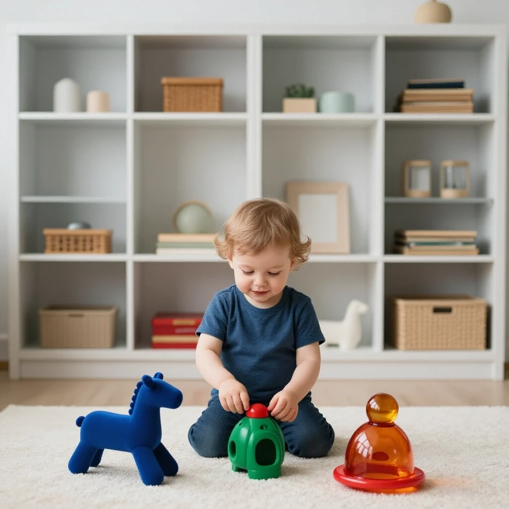 A tidy living room showcasing a toddler playing with colorful toys amidst organized shelves, evoking a sense of balance and calm.