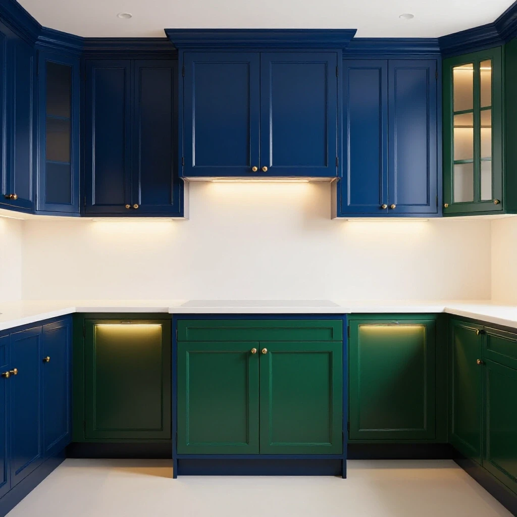 A cozy kitchen with deep royal blue cabinetry and rich emerald green accents, showcasing soft, warm toe-kick lighting.