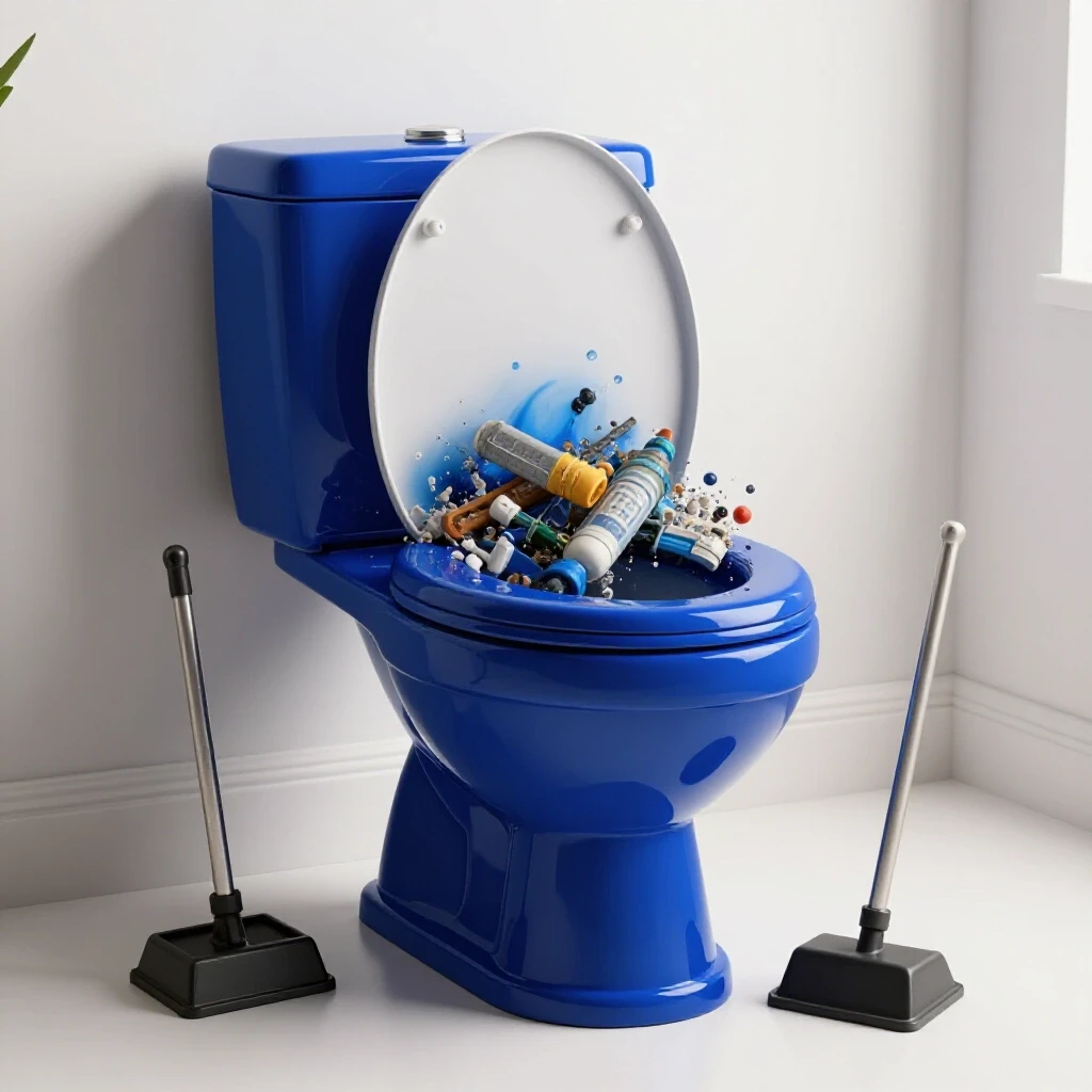 An overflowing toilet in a serene bathroom with vibrant colors and a toolbox nearby, creating a whimsical contrast.
