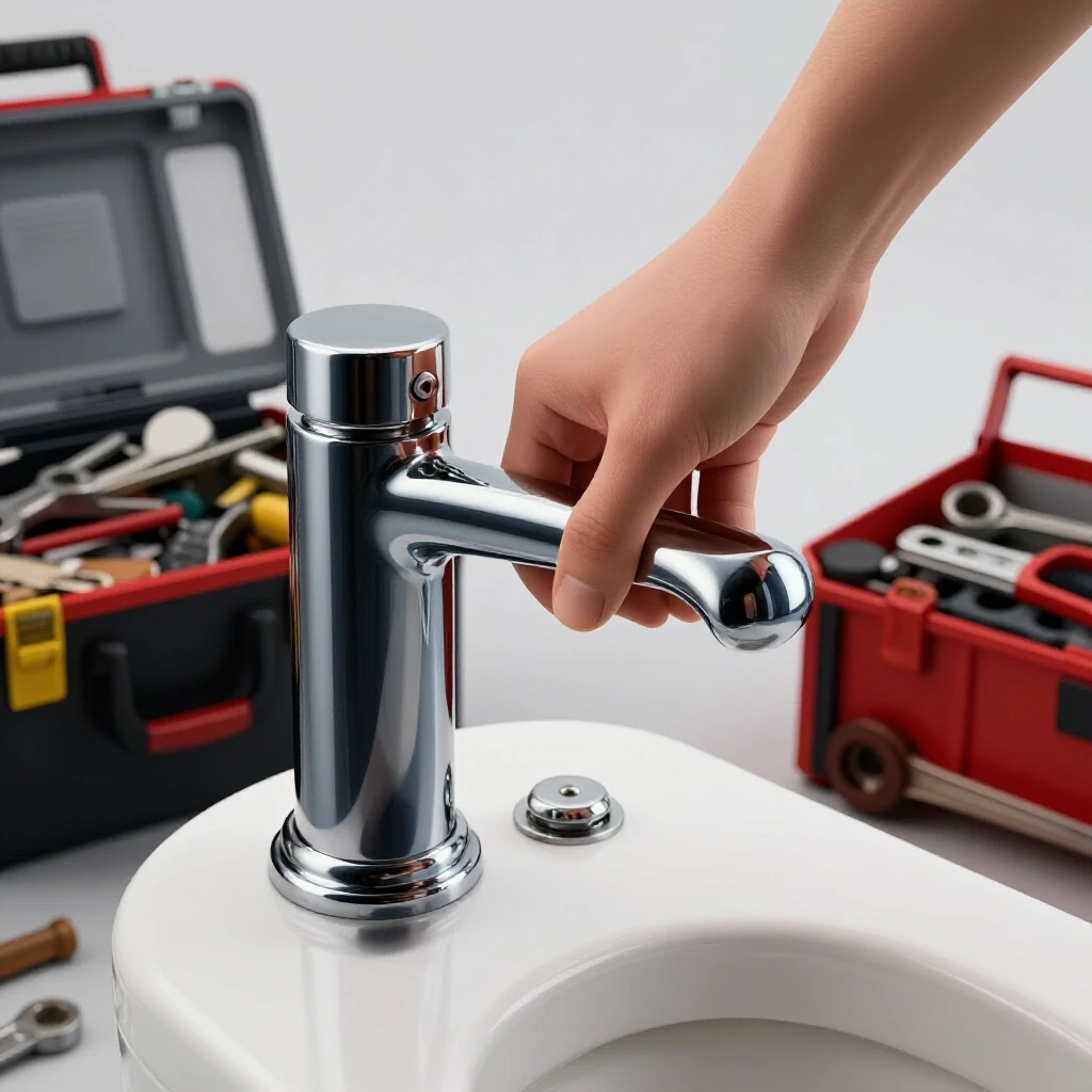 Close-up of a hand replacing a shiny toilet flush handle with a messy toolbox in the background.