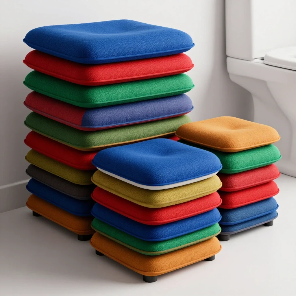 A vibrant stack of colorful cushions representing various toilet heights in a well-lit bathroom setting.