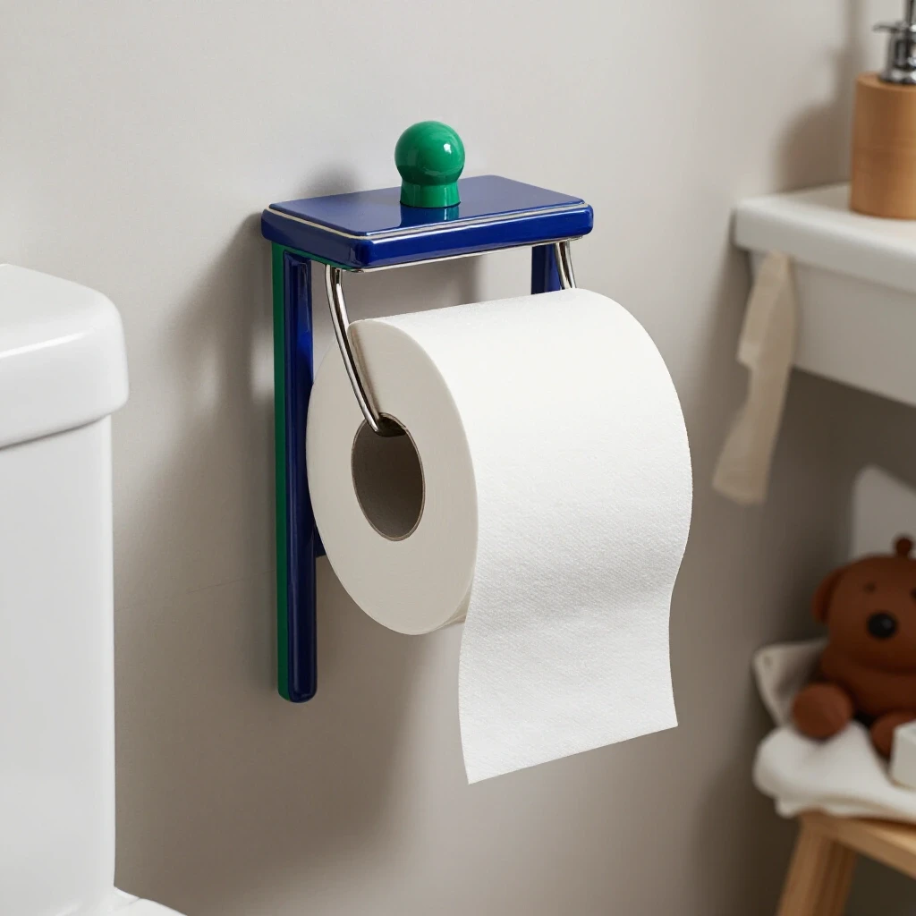 Elegant toilet paper holder in a stylish bathroom contrasting with a cluttered design in the background.