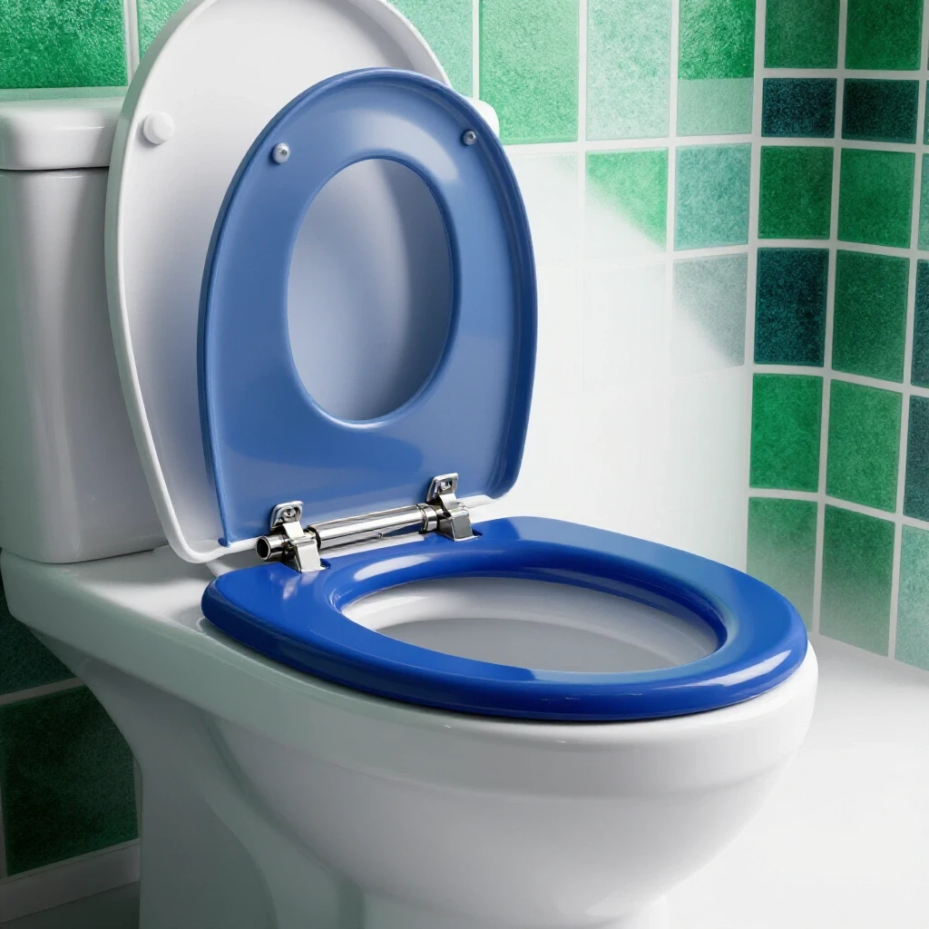 Close-up of a toilet seat lifted to reveal a shiny new hinge in a vibrant bathroom setting.