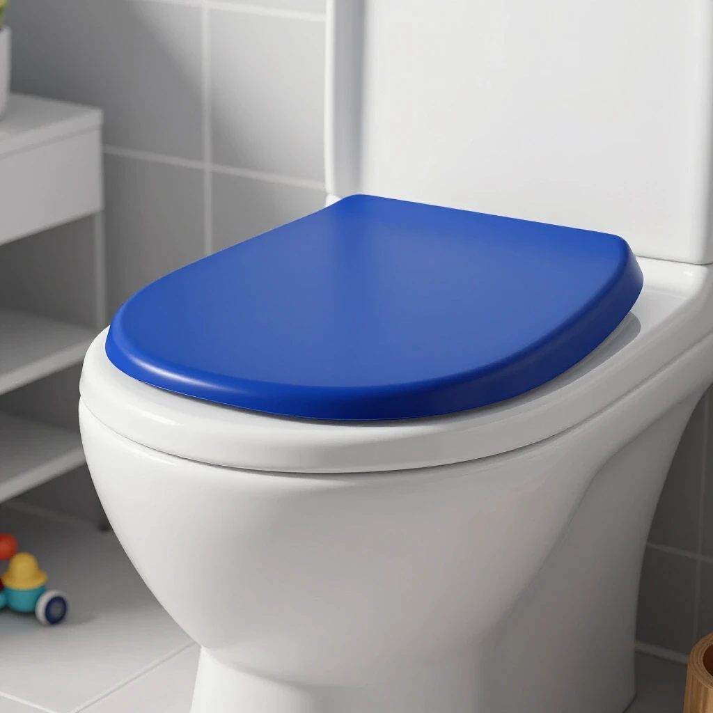 A close-up of a beautifully styled bathroom featuring a toilet tank lid guard and a child's toy, emphasizing safety and decor.