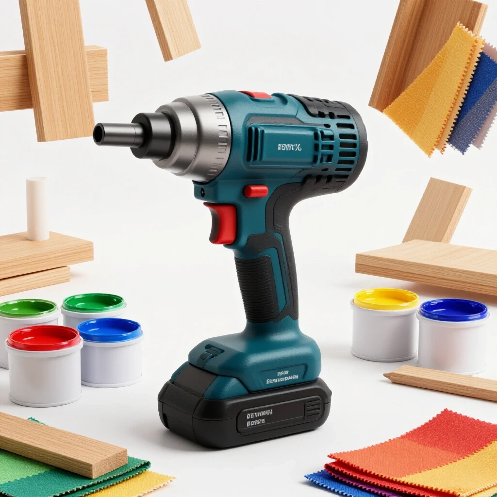 High-end shiny power tool surrounded by vibrant DIY project materials in a bright studio setting.
