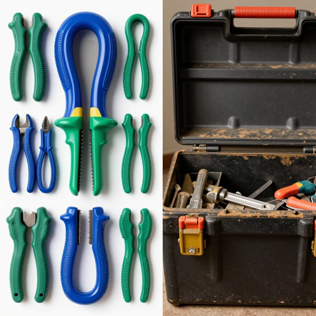 A colorful split image contrasting a new toolset with a worn-out toolbox, illustrating tool rental versus buying.