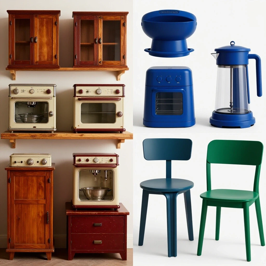 A split image showcasing nostalgic home products on the left and their modern counterparts on the right, highlighting durability and style.