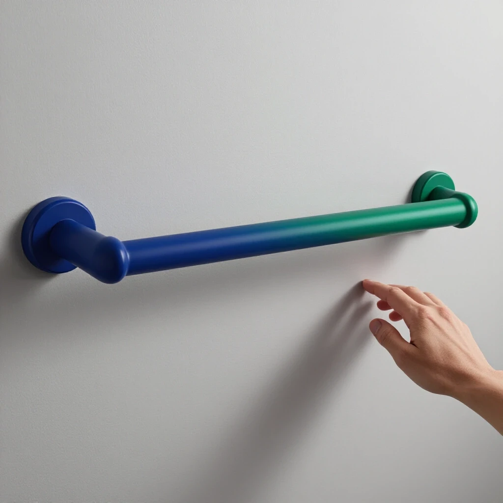 Close-up image of a towel bar partially detached from a wall in a stylish bathroom, symbolizing repair and maintenance.