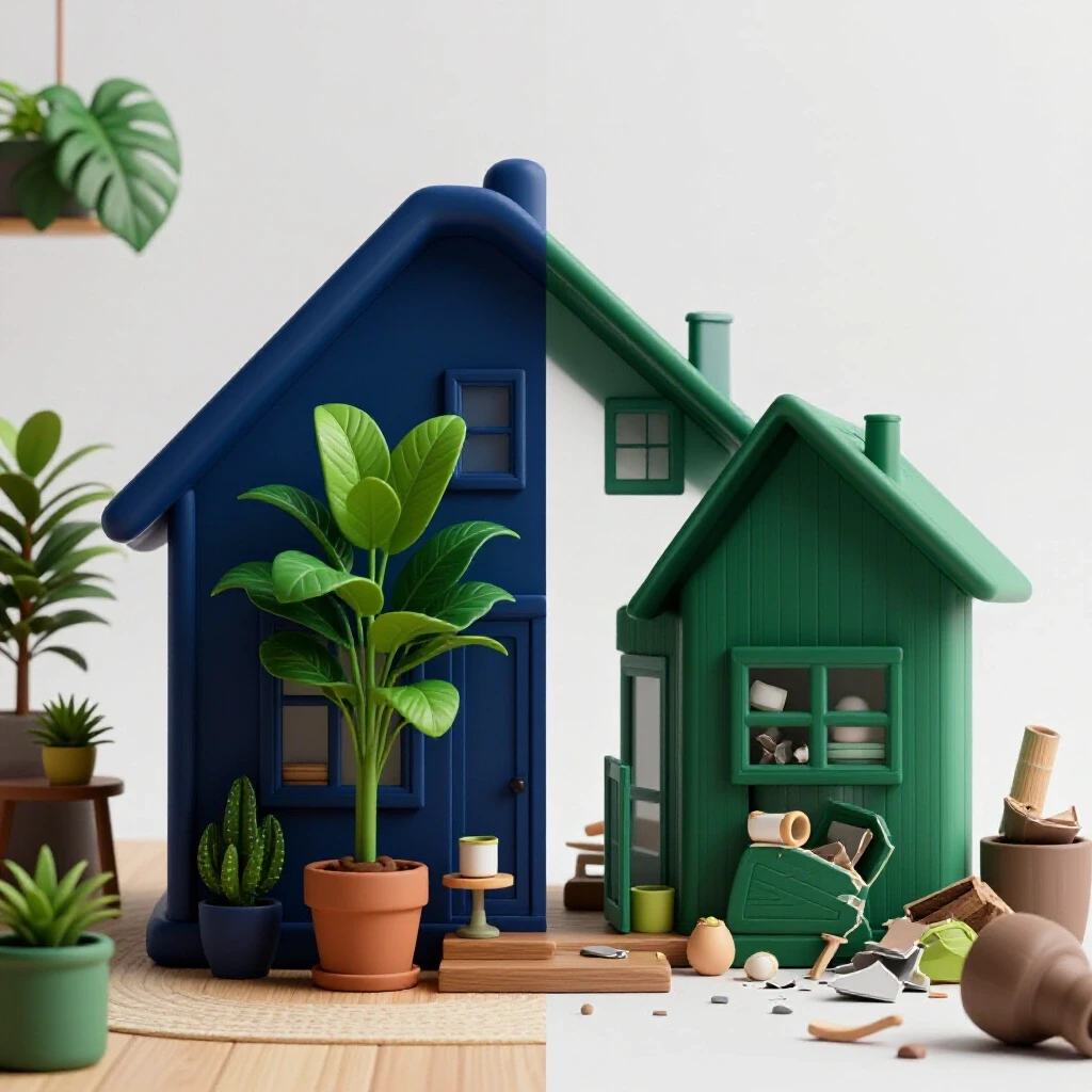 Split-screen image showing a tidy townhouse interior contrasted with a chaotic cluttered space, highlighting challenges and solutions for homeowners.