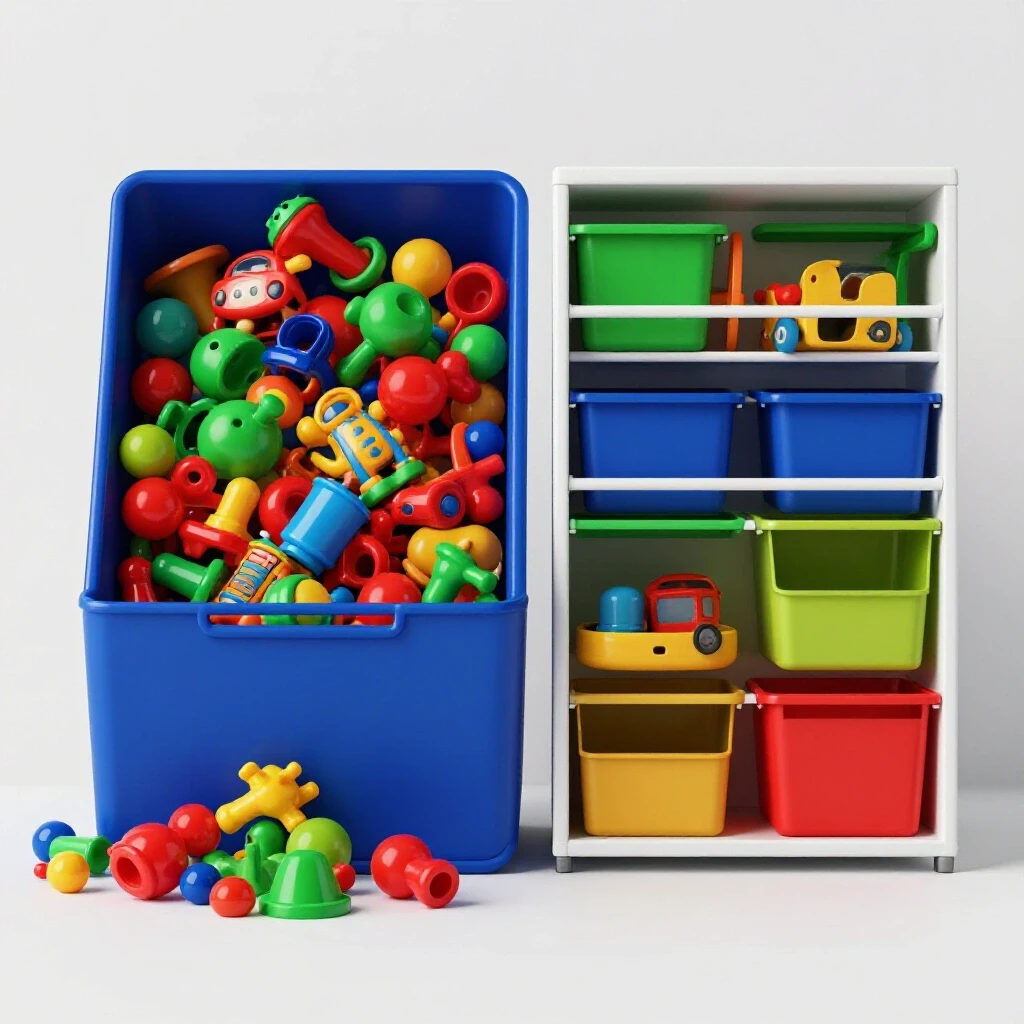 A visually striking contrast between a messy pile of colorful toys and an organized toy storage solution