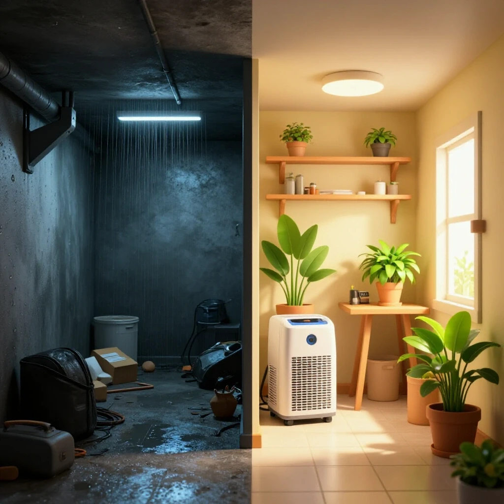 A split-screen image showing a damp basement contrasted with a bright, organized basement highlighting effective humidity control.