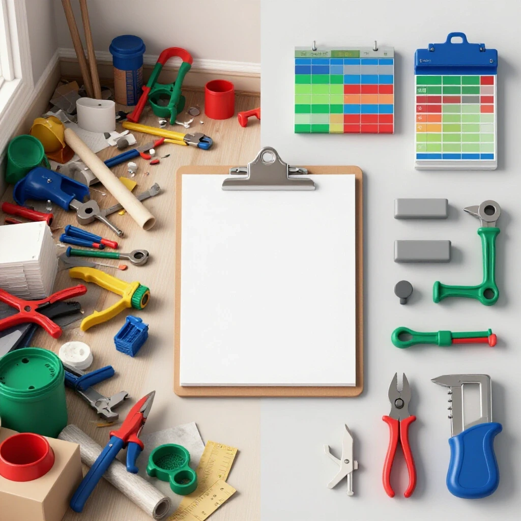 A split image showing a chaotic home repair area on the left and an organized repair workspace on the right, highlighting transformation.