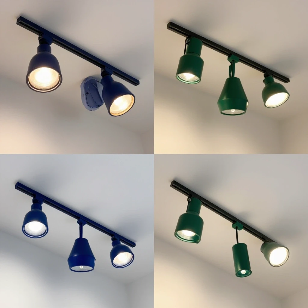 A comparative view of track lighting in warm tones and recessed lighting in cool tones, emphasizing their distinct atmospheres.