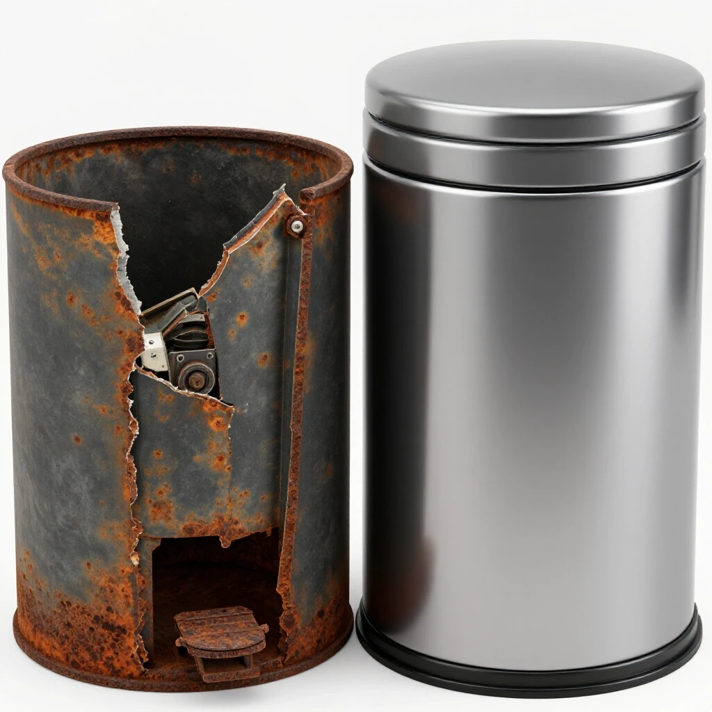 Comparison of a broken rusted pedal trash can and a shiny functional one, showcasing internal mechanisms.