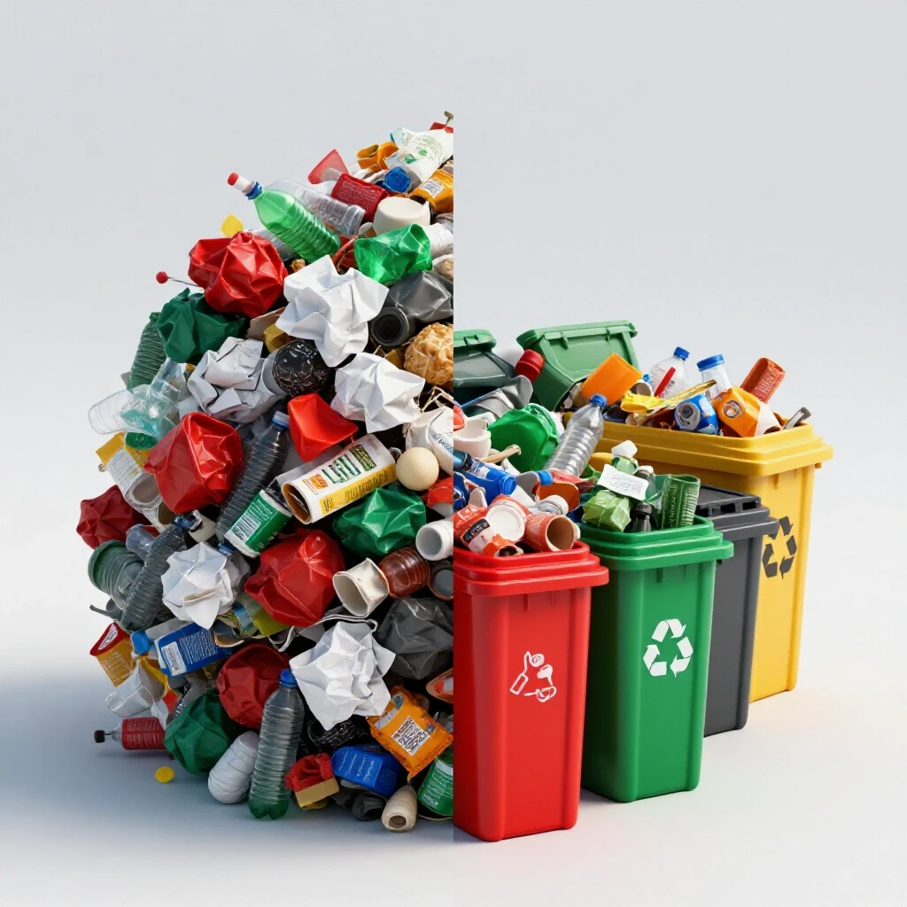 A contrasting scene featuring colorful trash on one side and organized recycling bins on the other, emphasizing waste management and recycling.