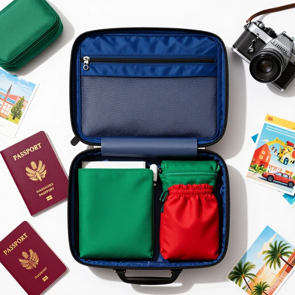 An organized travel toiletry kit surrounded by a passport, camera, and postcards on a bright white background.