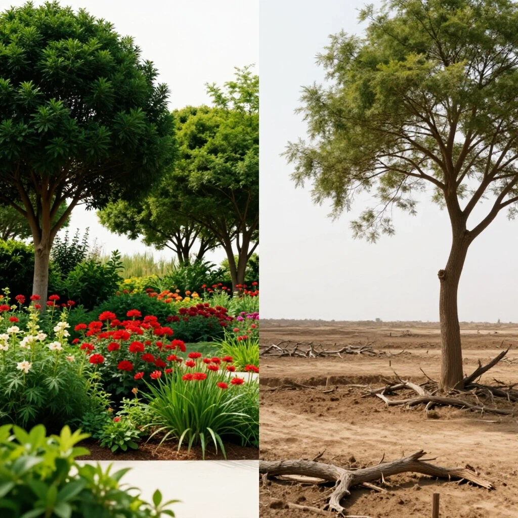 Split-scene image showing a vibrant, thriving garden on one side and a barren landscape on the other, highlighting tree planting transformation.