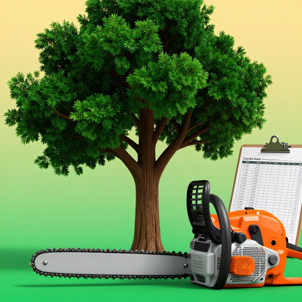 A vibrant, majestic tree next to a chainsaw and clipboard representing tree removal costs and insurance guidance.