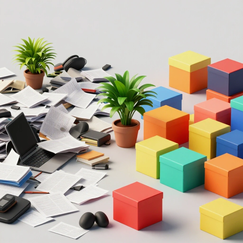 A split image showing a chaotic cluttered space on one side contrasted with a beautifully organized and vibrant area on the other, illustrating organization.