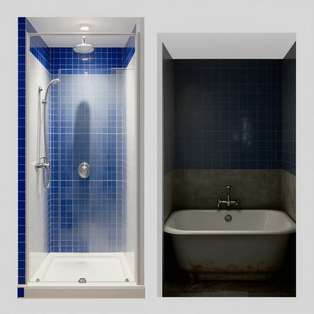 Contrasting image showing a modern shower on one side and an outdated tub on the other, highlighting renovation ideas.