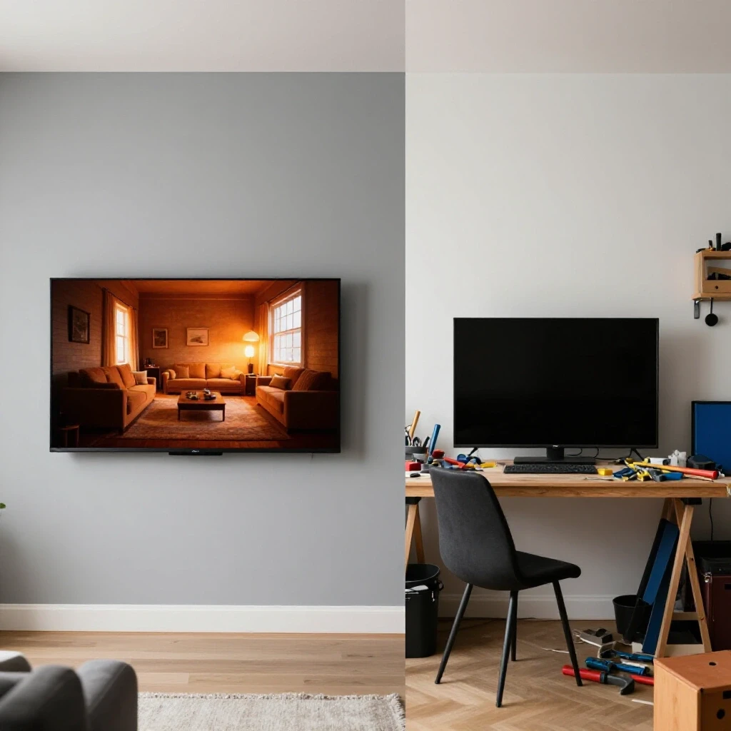 A split image showing a modern mounted TV in a stylish living room contrasted with a cluttered DIY workspace.