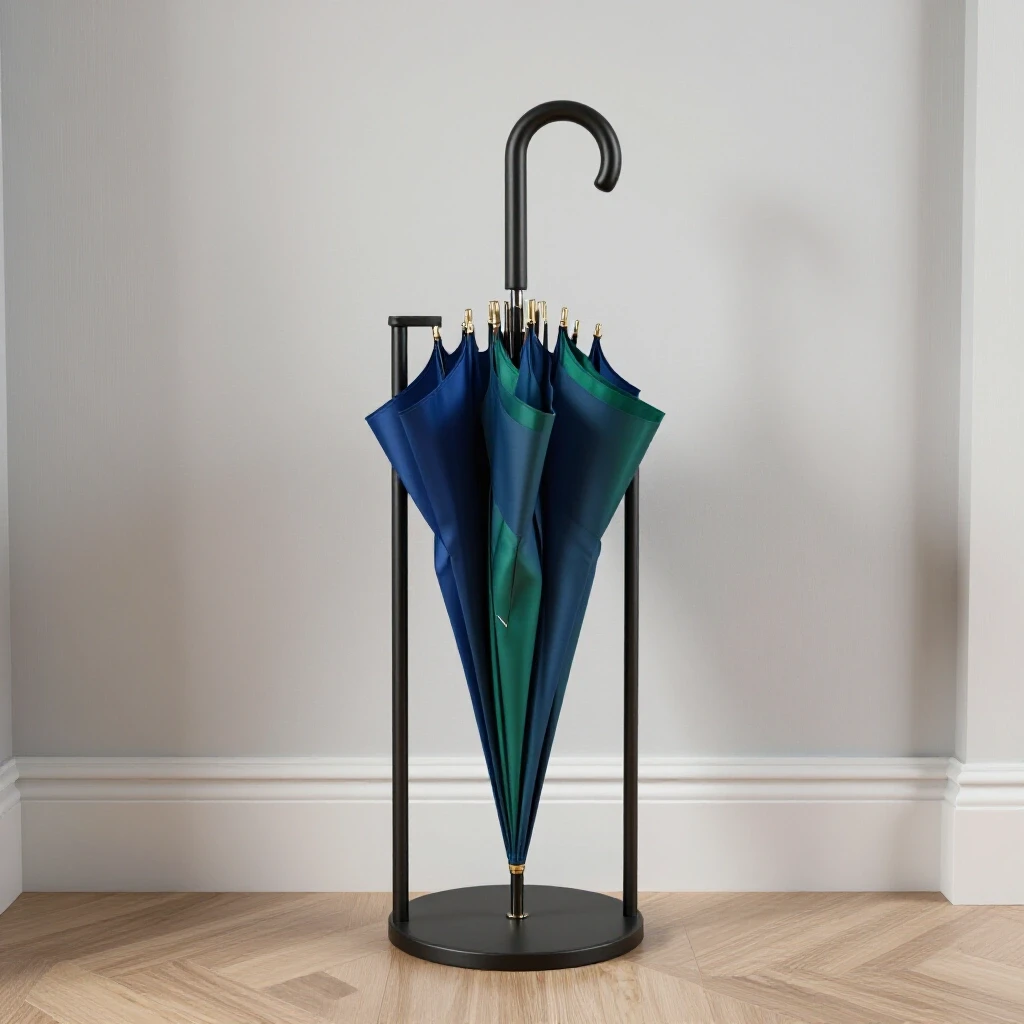 A stylish umbrella stand with one umbrella leaning against it, set in a well-lit entryway.