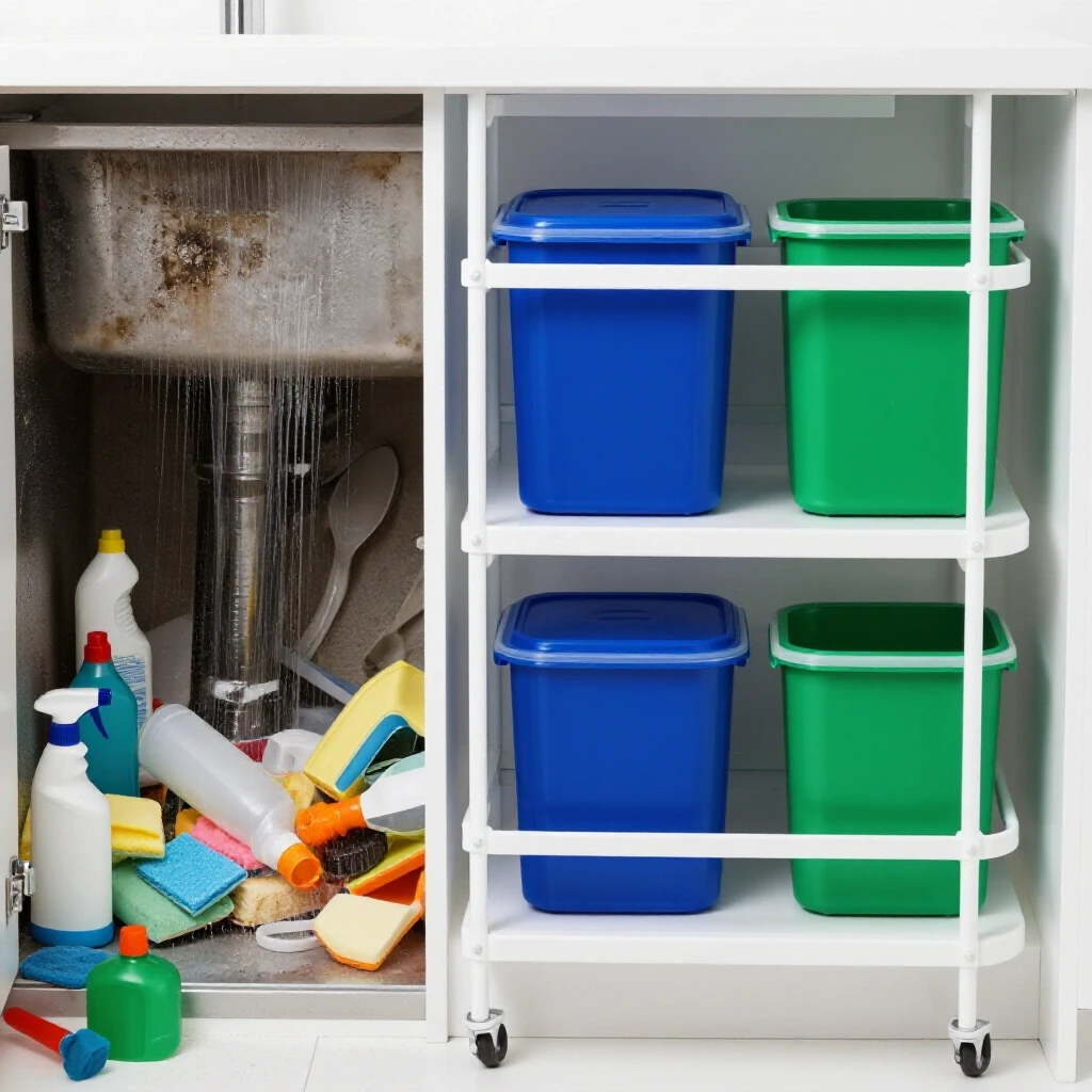 Contrast between a cluttered under-sink area with moisture damage and a neat, organized, moisture-proof storage solution.