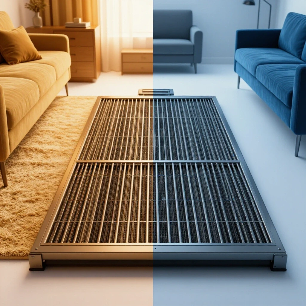 A split-image featuring a warm living room with underfloor heating contrasted against a cold, stark space, highlighting comfort vs discomfort.