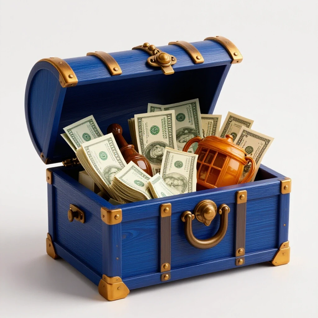 A vibrant treasure chest overflowing with quirky household items and bills, set in a stylish bright living room.