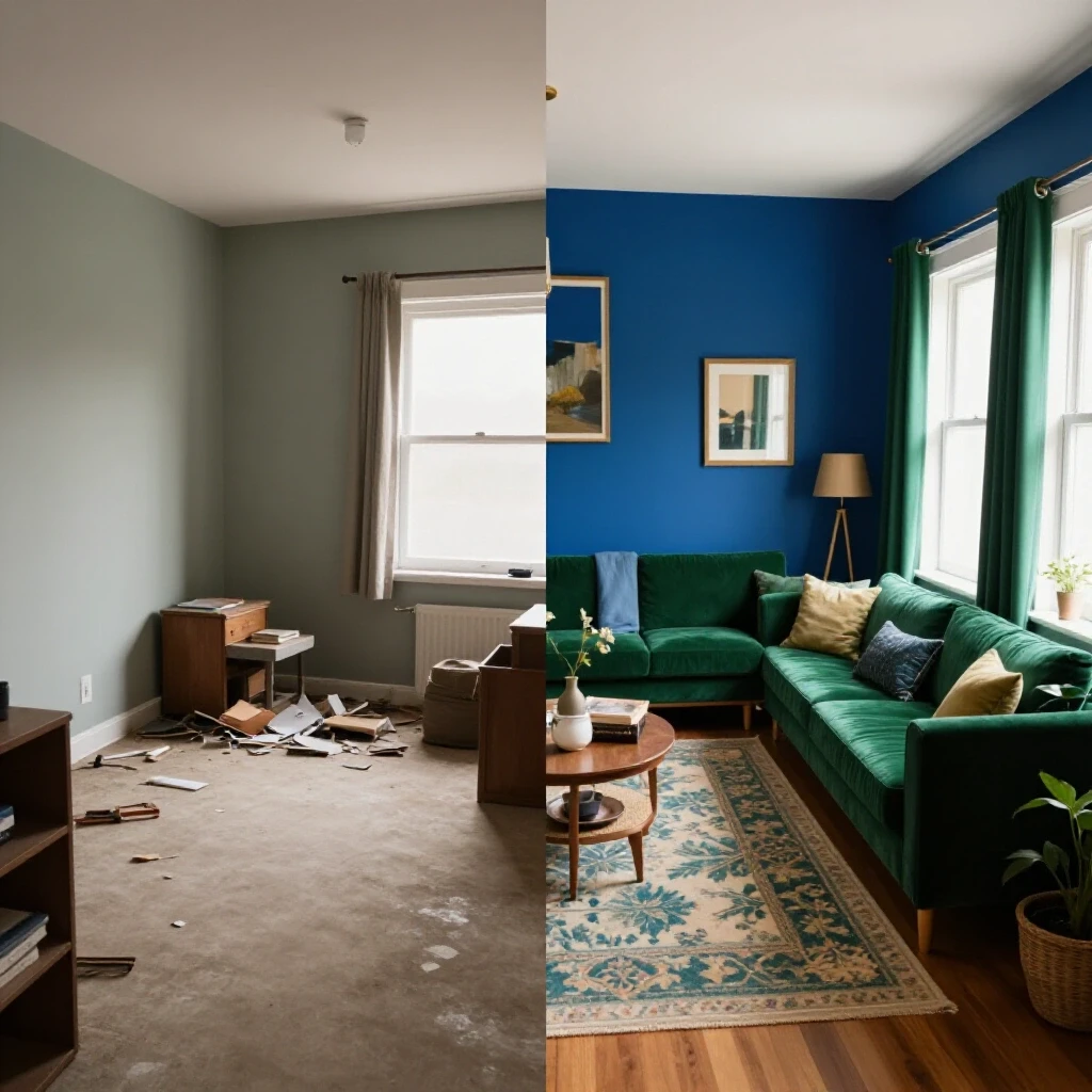 A vibrant room transformation split image with a cluttered space on the left and a beautifully decorated space on the right.