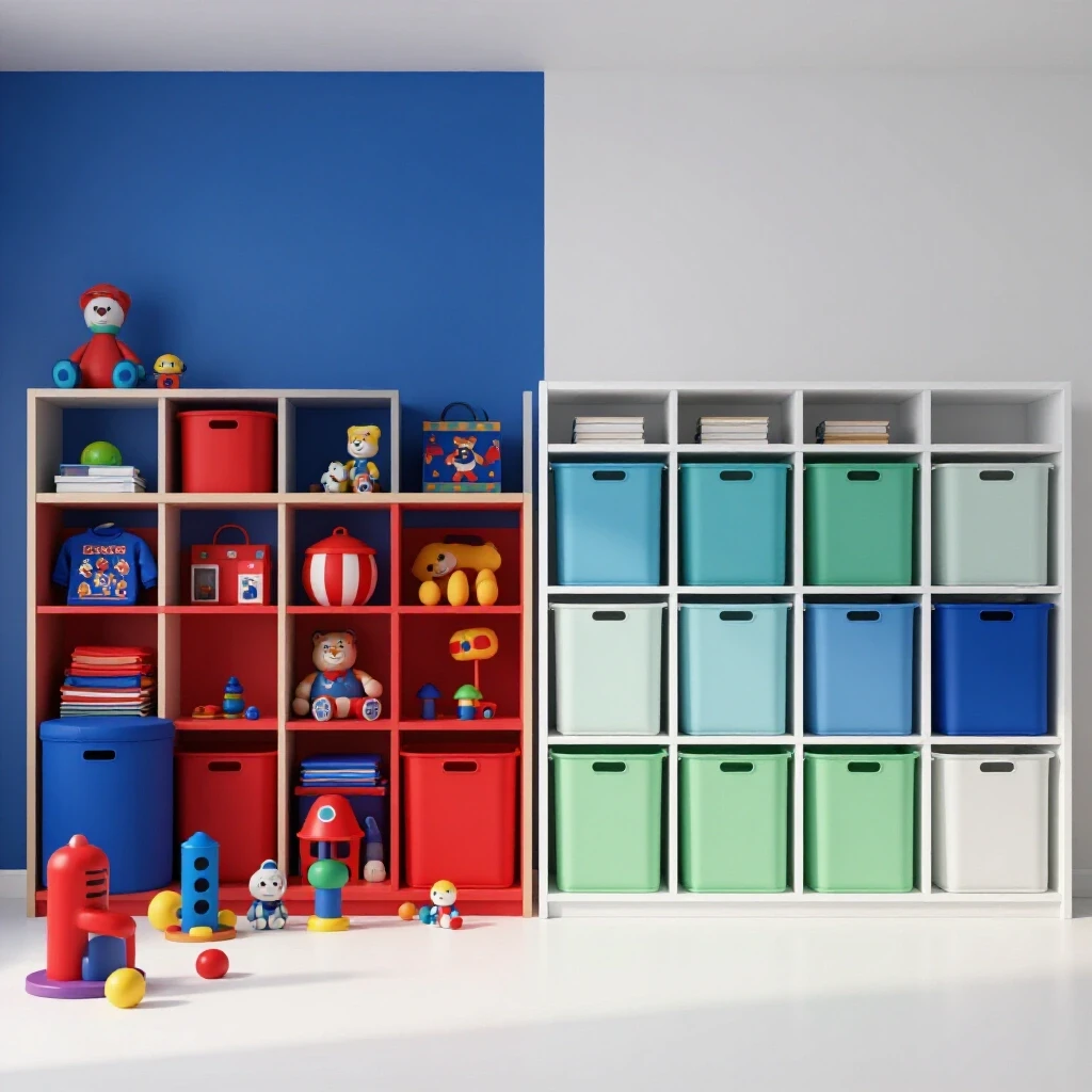 A vibrant kids' room transitions to a minimalist storage system with colorful toys on one side and organized bins on the other.