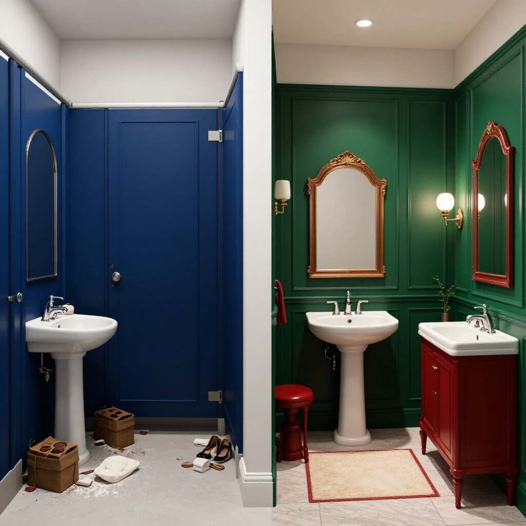 A split view of a powder room before and after renovation, contrasting clutter with stylish decor and lighting.