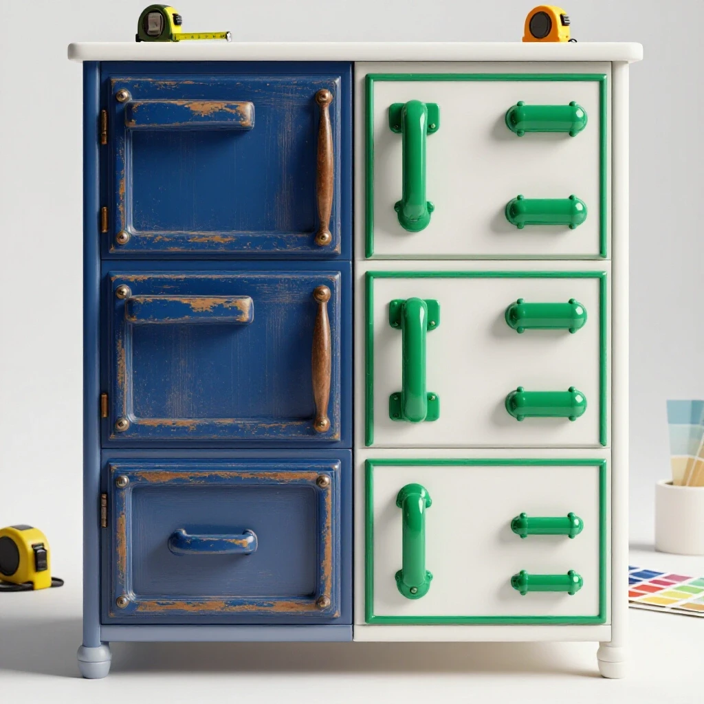 Stylish cabinet with worn hardware on one side and shiny modern hardware on the other, creating a split-screen effect in a bright studio.