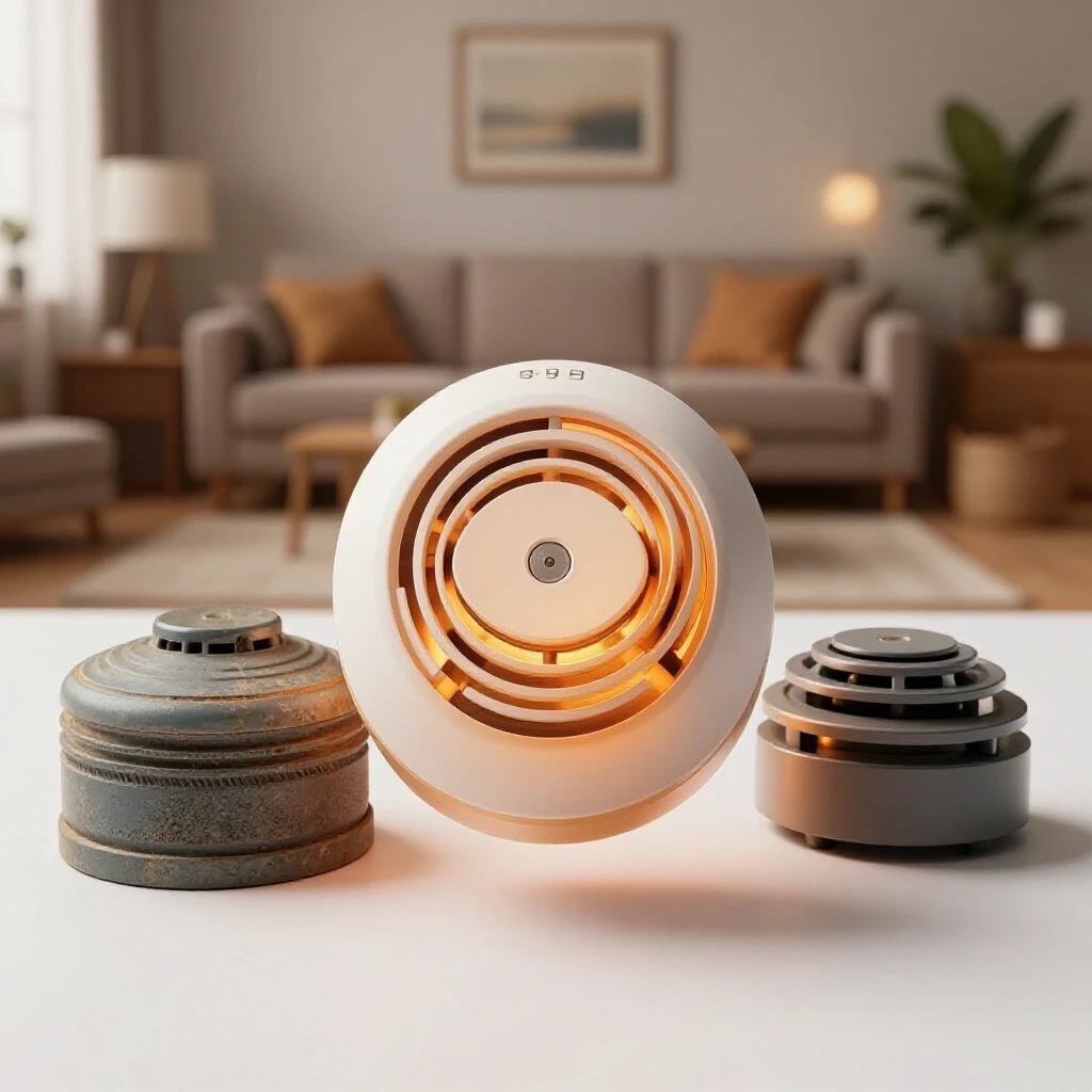 A modern smoke detector with warm lighting contrasts with an outdated version in a cozy living room setting.
