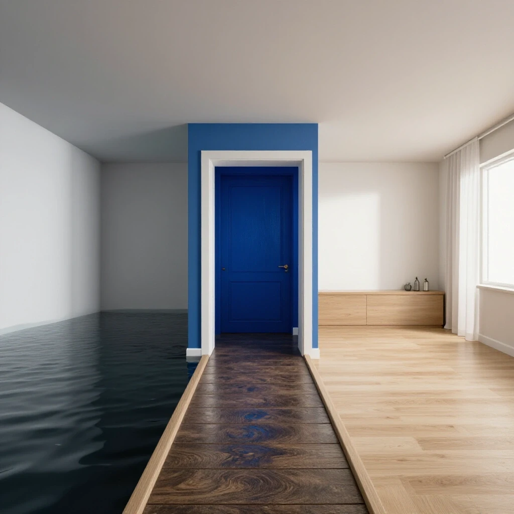 An image depicting a transformation from a flooded basement to a renovated bright space, symbolizing home improvement.