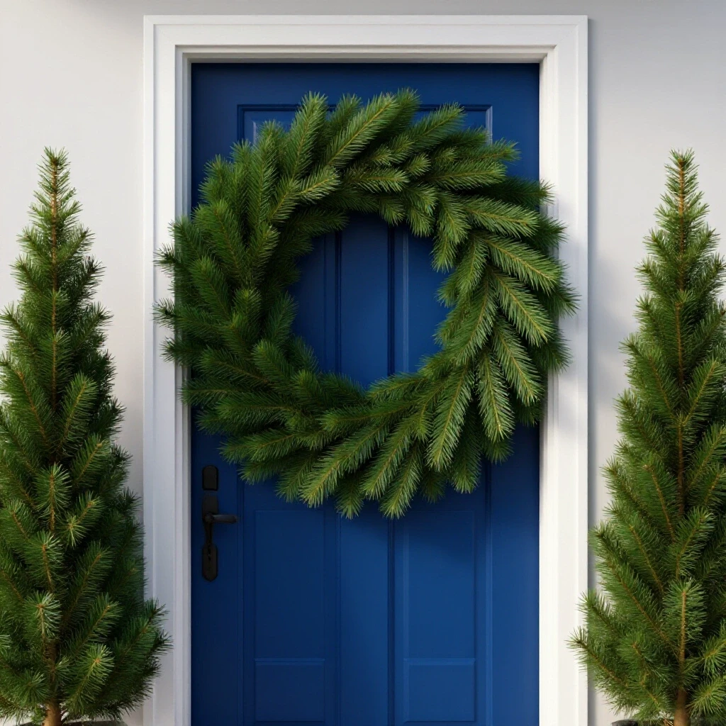 Upgraded front door with evergreen wreath and warm lighting, set against a bright background, showcasing winter decor.