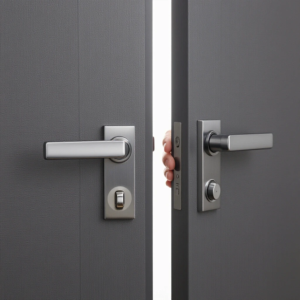 A hand holding a modern door lock with a bright interior visible beyond an ajar door.