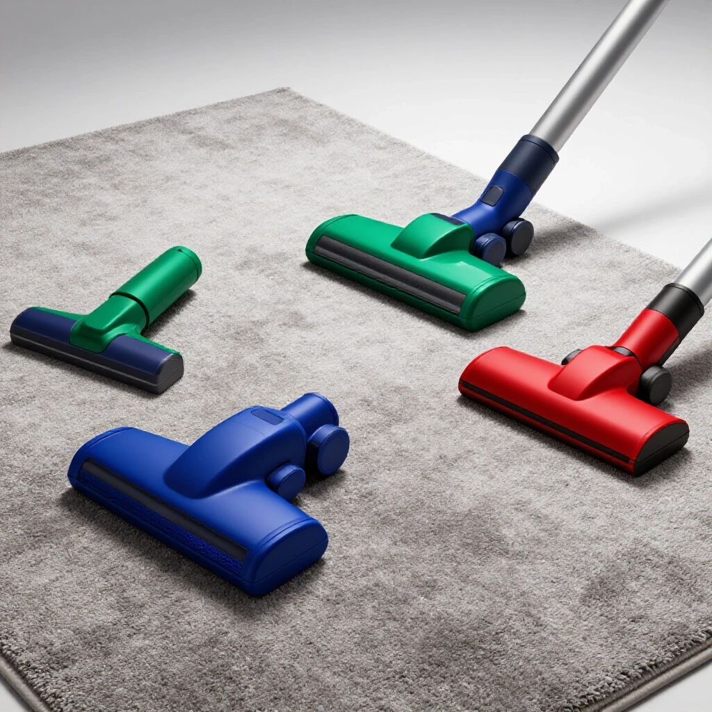 Close-up of various vacuum attachments on a textured carpet with a clean section in the background, showcasing wear and grime.